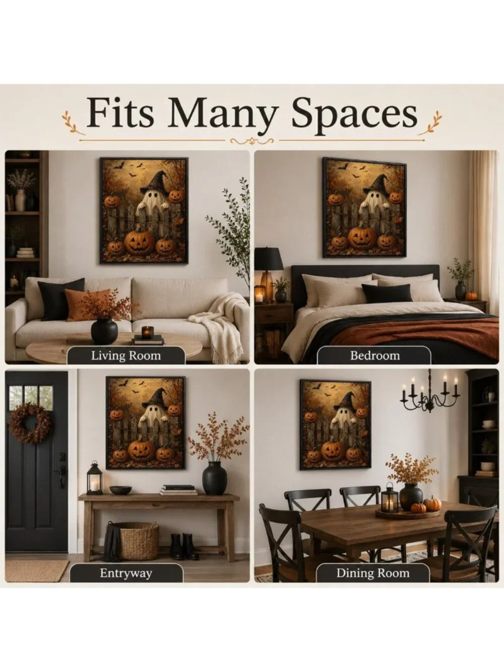 Cute Ghost & Pumpkin Halloween Framed Wall Art | Spooky Canvas Decor